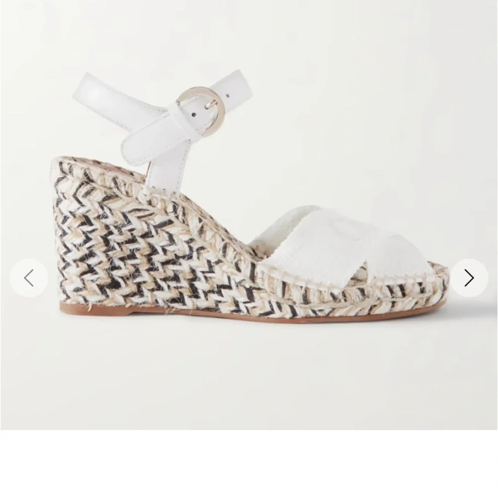 CHLOE Pila leather and canvas wedge espadrilles white / cream logo resort nwot